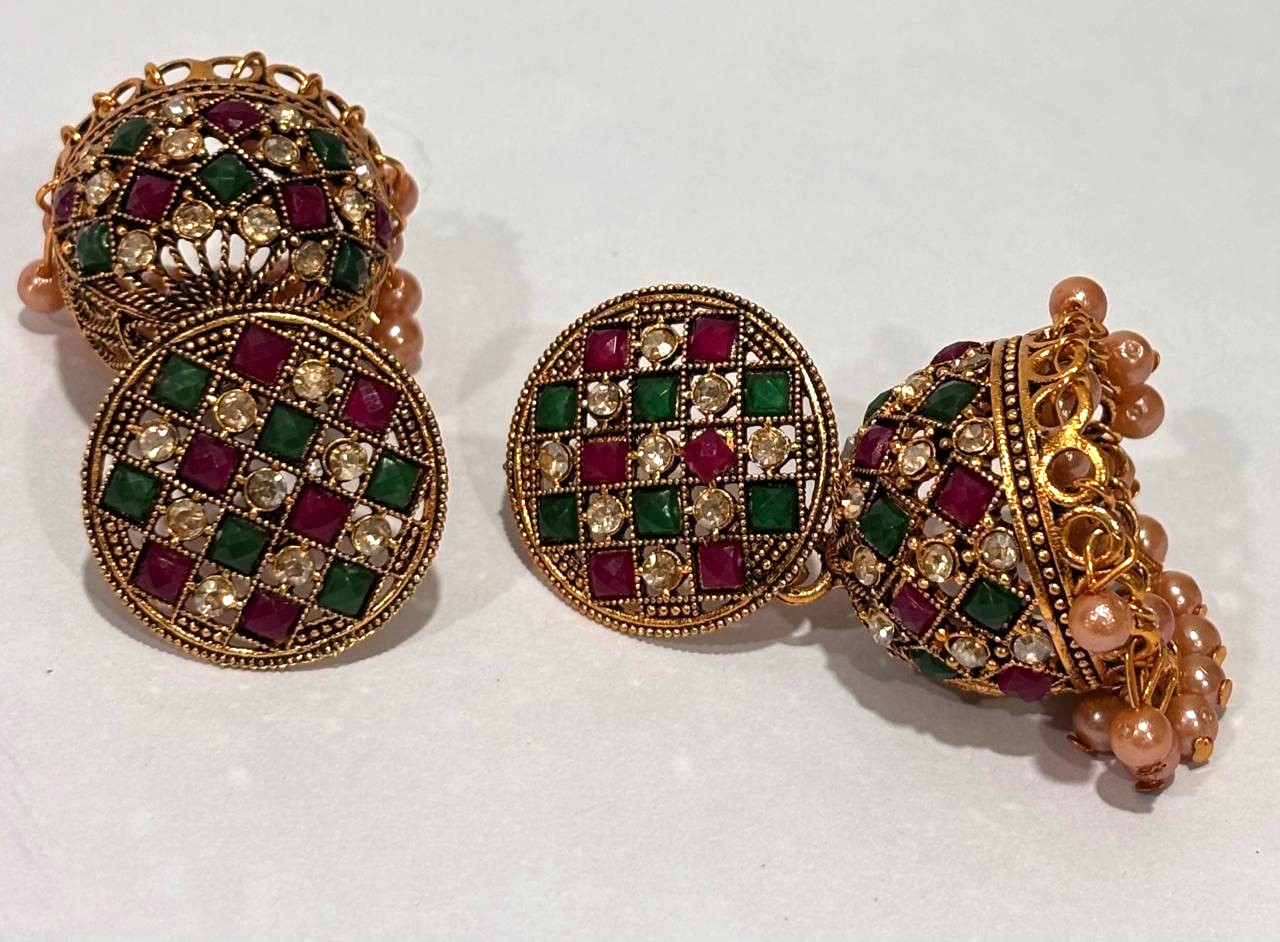 Antique Gold Mosaic Jhumka Earrings with Ruby & Emerald Accents 4 Antique Gold Mosaic Jhumka Earrings with Ruby & Emerald Accents