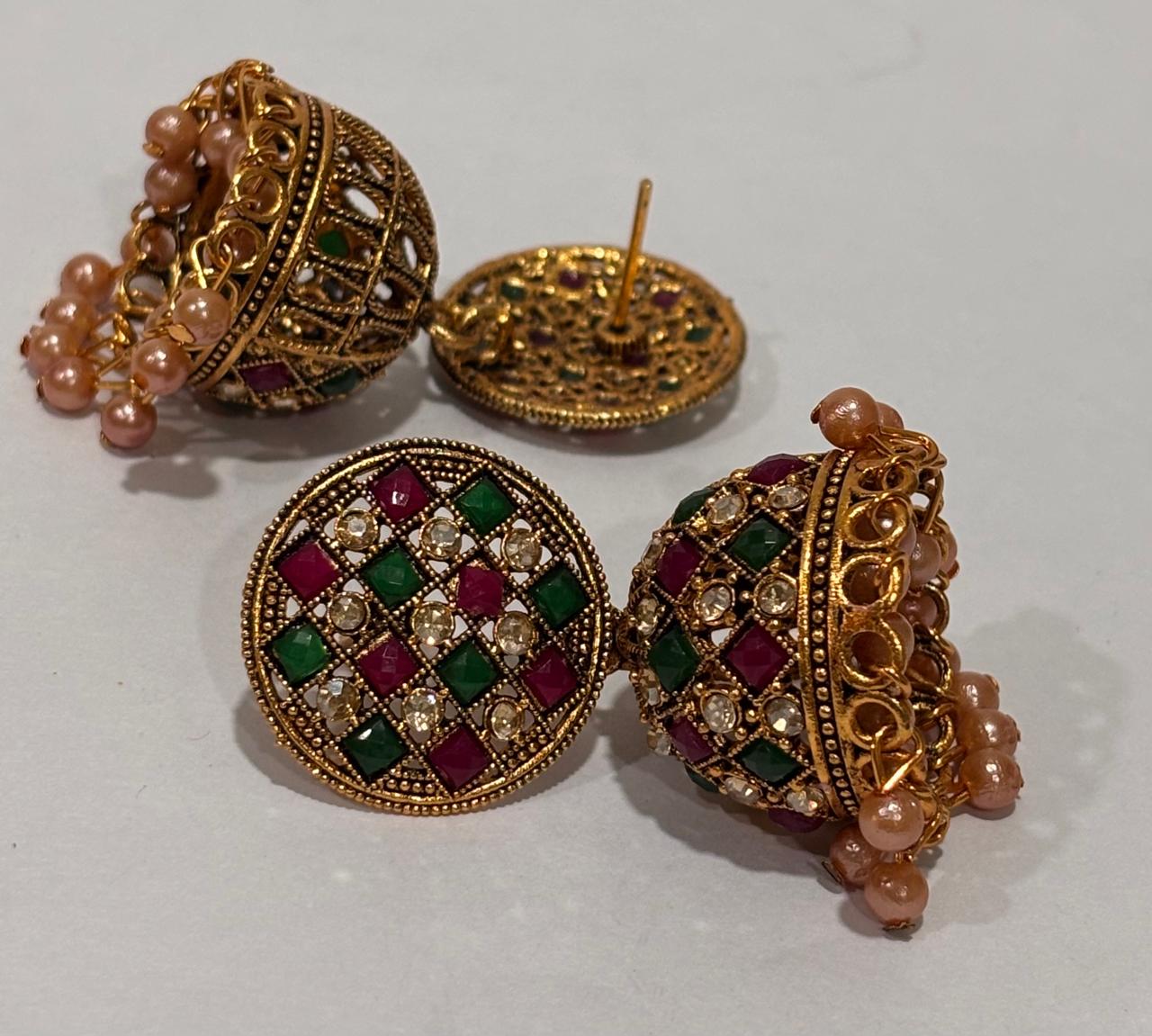 Antique Gold Mosaic Jhumka Earrings with Ruby & Emerald Accents 2 Antique Gold Mosaic Jhumka Earrings with Ruby & Emerald Accents