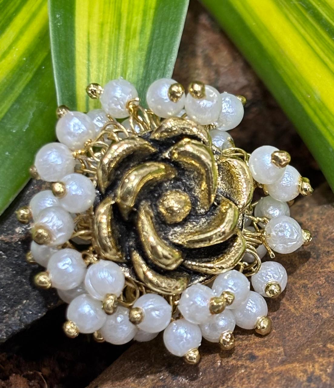 Golden Rose & Pearl Cluster Statement Ring 1 Golden Rose & Pearl Cluster Statement Ring