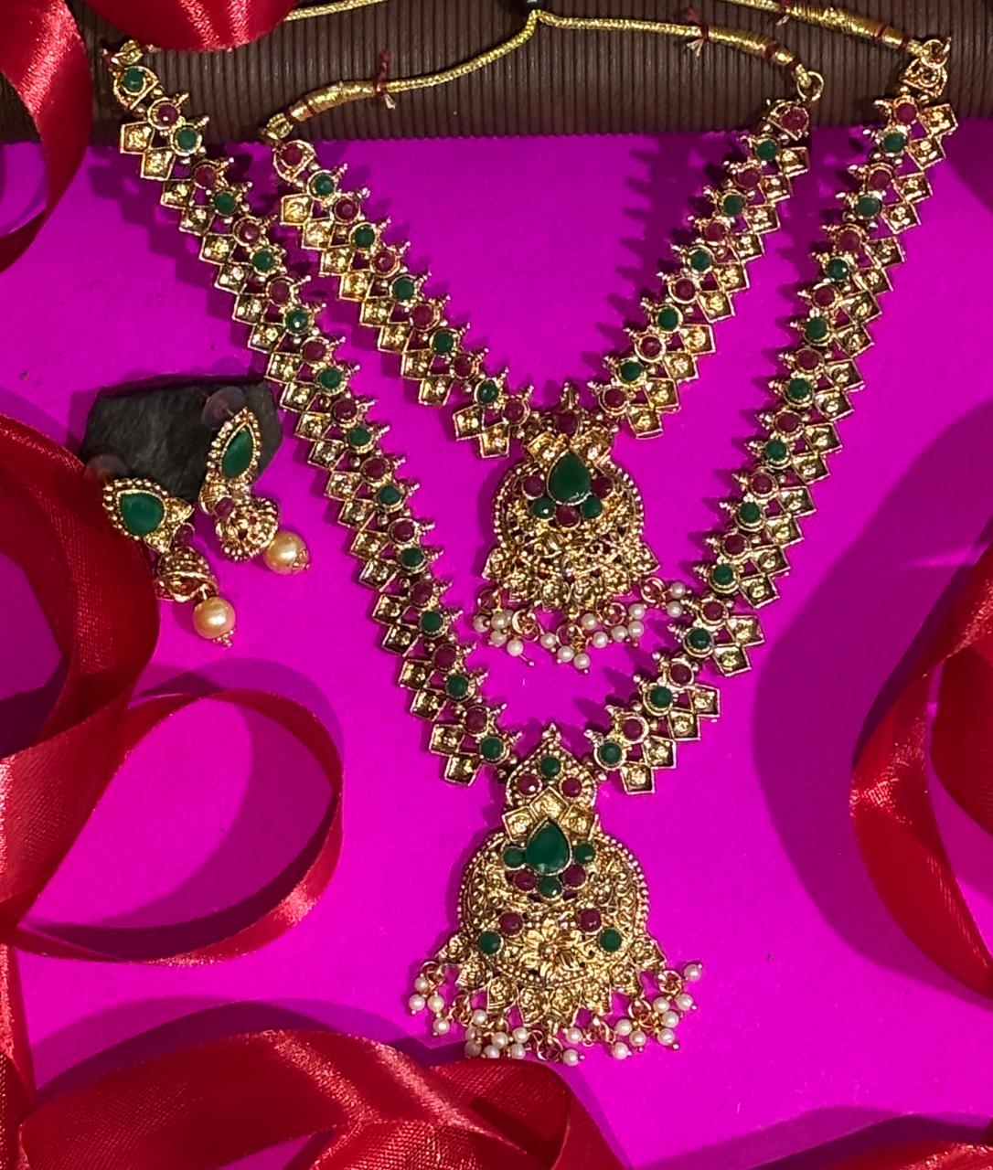 Exquisite 2-Layer Kempu Stone Temple Jewelry Set with Jhumkas 1 Exquisite 2-Layer Kempu Stone Temple Jewelry Set with Jhumkas