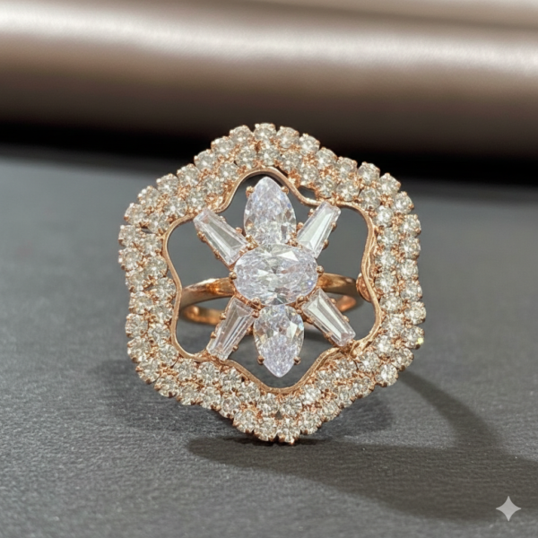Rose Gold Floral Crystal Hexagon Statement Ring