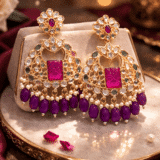Royal Kundan Polki Chandbali Earrings with Magenta Drops 6 Royal Kundan Polki Chandbali Earrings with Magenta Drops