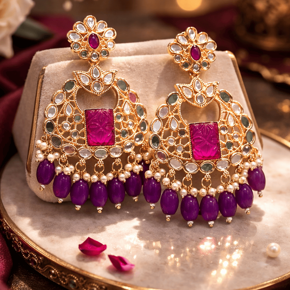 Royal Kundan Polki Chandbali Earrings with Magenta Drops Royal Kundan Polki Chandbali Earrings with Magenta Drops