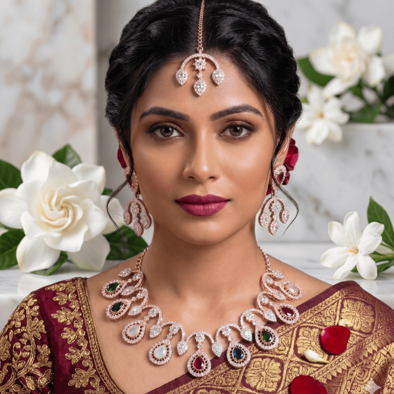 Royal Multi-Stone Rose Tone Necklace Set with Earrings | Bridal & Festive Statement Jewellery 1 Royal Multi-Stone Rose Tone Necklace Set with Earrings | Bridal & Festive Statement Jewellery
