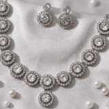 elegant crystal silver tone necklace set with matching earrings for women