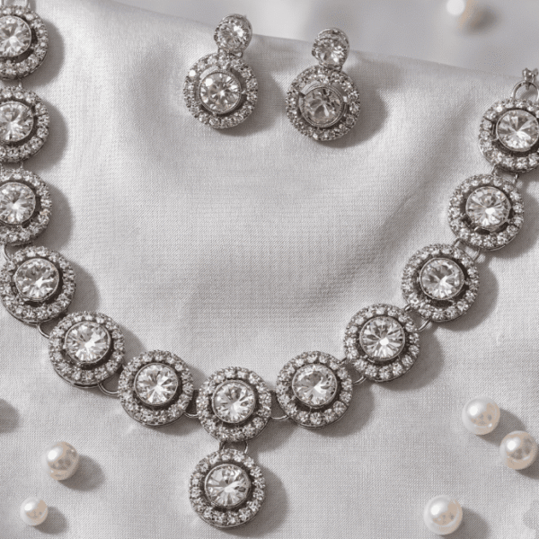 elegant crystal silver tone necklace set with matching earrings for women