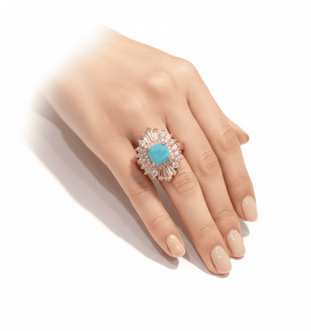 Majestic Sky Blue Crystal Sunburst Cocktail Ring 1 Majestic Sky Blue Crystal Sunburst Cocktail Ring