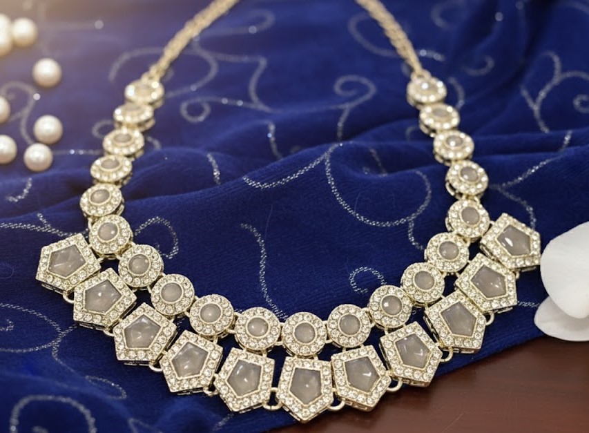 Slate Grey Geometric Crystal Choker, Earring & Maang Tika Set 1 Slate Grey Geometric Crystal Choker, Earring & Maang Tika Set