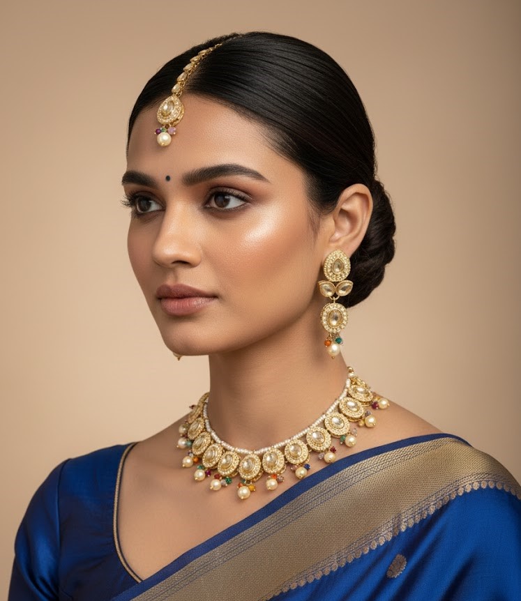 Royal Gold-Plated Kundan Set with Multi-Color Bead Accents & Pearl Drops 4 Royal Gold-Plated Kundan Set with Multi-Color Bead Accents & Pearl Drops