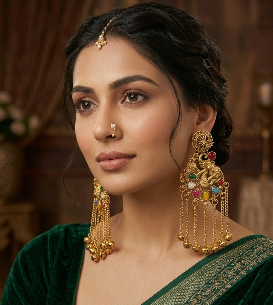 Kashmiri Jhumka Earrings with Navratna Style Stones and Cascading Ghungroos 1 Kashmiri Jhumka Earrings with Navratna Style Stones and Cascading Ghungroos