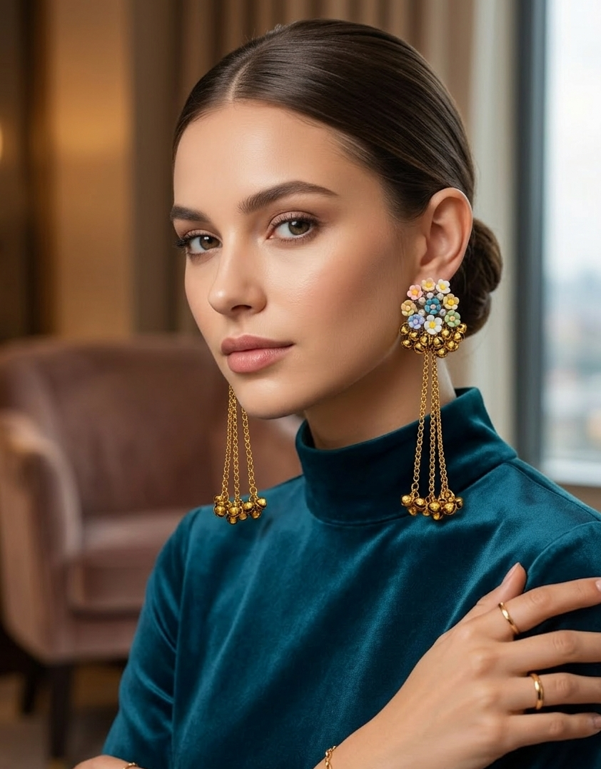 Whimsical Pastel Flower & Pearl Gold Bell Dangle Earrings 1 Whimsical Pastel Flower & Pearl Gold Bell Dangle Earrings