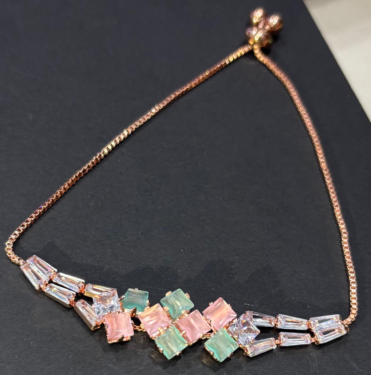 Rose Gold Geometric Pastel Stone Adjustable Bracelet with Crystal Accents 2 Rose Gold Geometric Pastel Stone Adjustable Bracelet with Crystal Accents