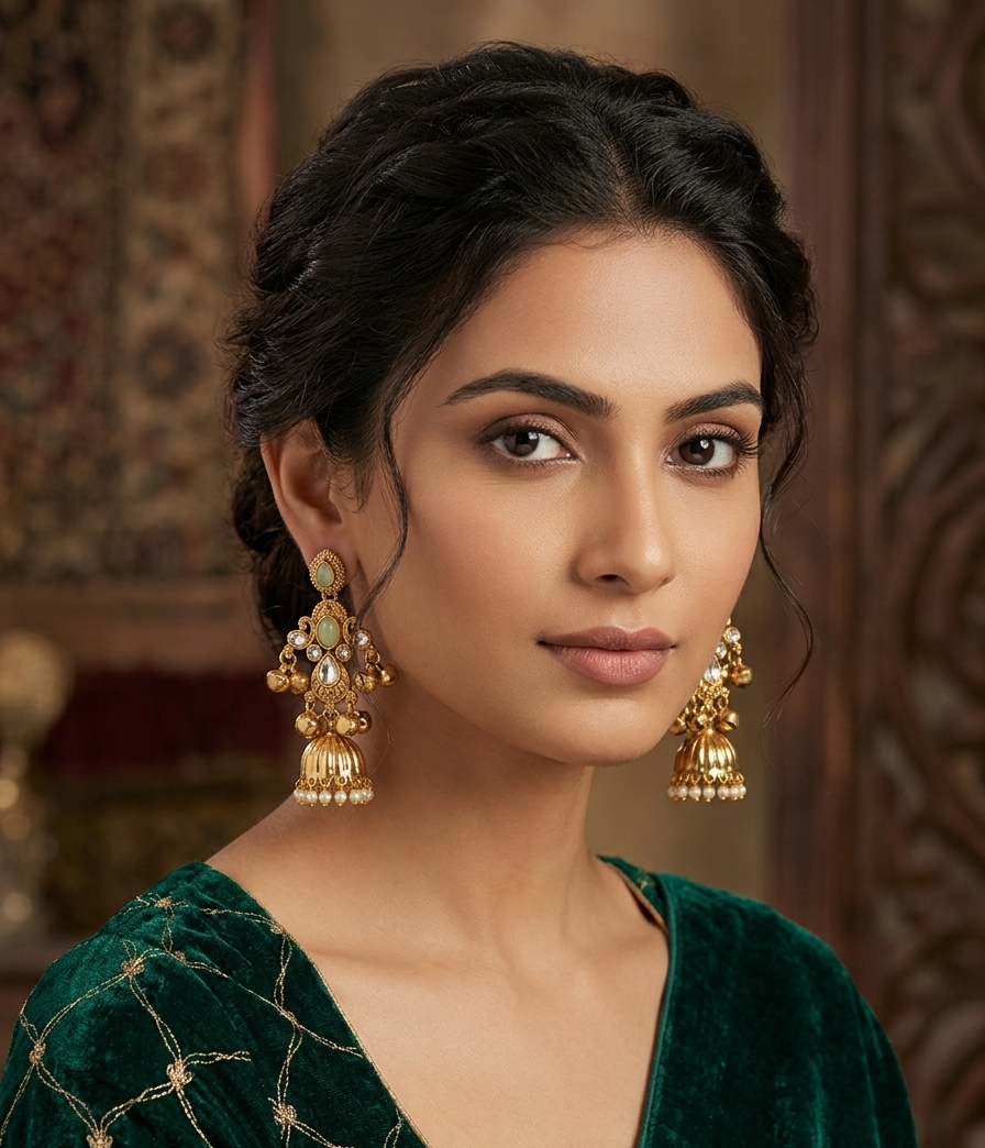 Light-Green Cabochon, Kundan Stones, and Tiered Bell Tassels 1 Light-Green Cabochon, Kundan Stones, and Tiered Bell Tassels