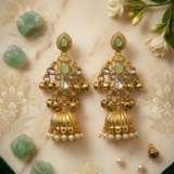 Light-Green Cabochon, Kundan Stones, and Tiered Bell Tassels 3 3 7