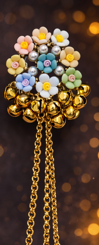 Whimsical Pastel Flower & Pearl Gold Bell Dangle Earrings 2 Whimsical Pastel Flower & Pearl Gold Bell Dangle Earrings