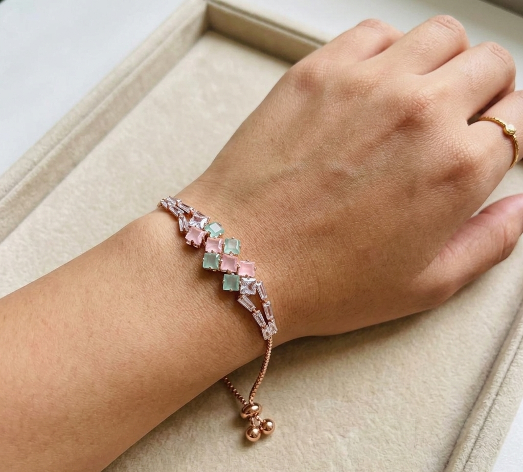 Rose Gold Geometric Pastel Stone Adjustable Bracelet with Crystal Accents 1 Rose Gold Geometric Pastel Stone Adjustable Bracelet with Crystal Accents