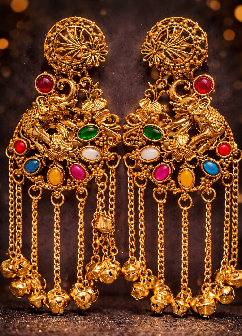 Kashmiri Jhumka Earrings with Navratna Style Stones and Cascading Ghungroos 3 Kashmiri Jhumka Earrings with Navratna Style Stones and Cascading Ghungroos