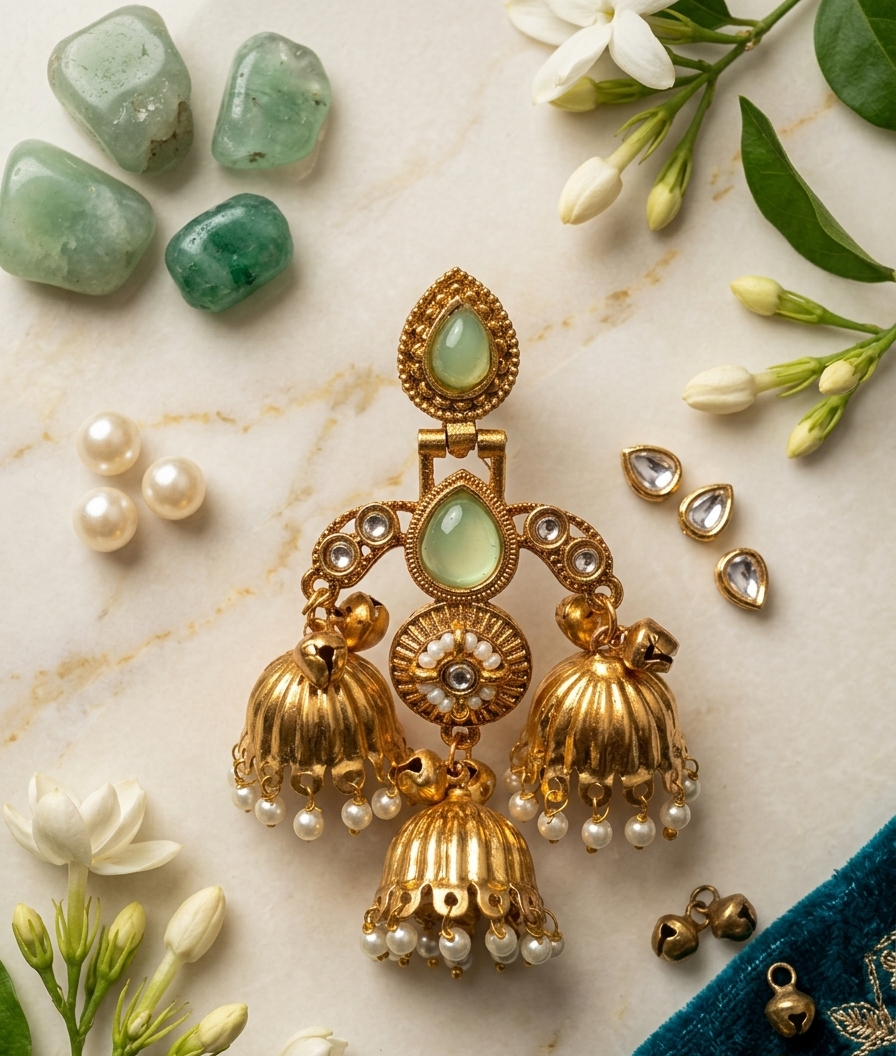 Light-Green Cabochon, Kundan Stones, and Tiered Bell Tassels 2 Light-Green Cabochon, Kundan Stones, and Tiered Bell Tassels