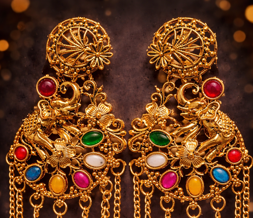 Kashmiri Jhumka Earrings with Navratna Style Stones and Cascading Ghungroos 2 Kashmiri Jhumka Earrings with Navratna Style Stones and Cascading Ghungroos