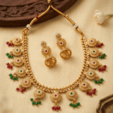 Divine Floral Drop Jewellery Ensemble – Matte Finish Ethnic Necklace Set for Women 4 Divine Floral Drop Jewellery Ensemble – Matte Gold Finish with Colorful Accents