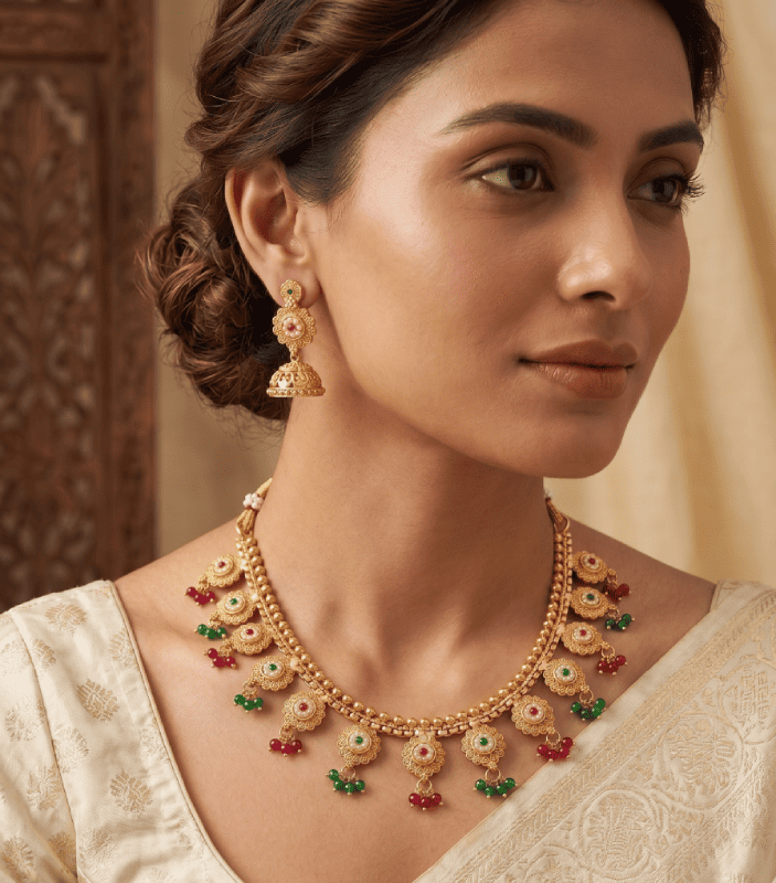 Divine Floral Drop Jewellery Ensemble – Matte Finish Ethnic Necklace Set for Women 1 Divine Floral Drop Jewellery Ensemble – Matte Finish Ethnic Necklace Set for Women