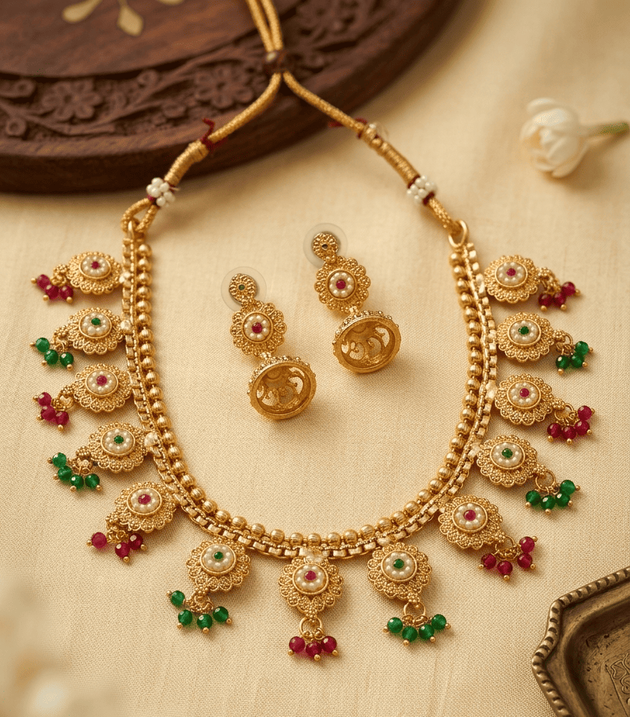 Divine Floral Drop Jewellery Ensemble – Matte Gold Finish with Colorful Accents Divine Floral Drop Jewellery Ensemble – Matte Gold Finish with Colorful Accents