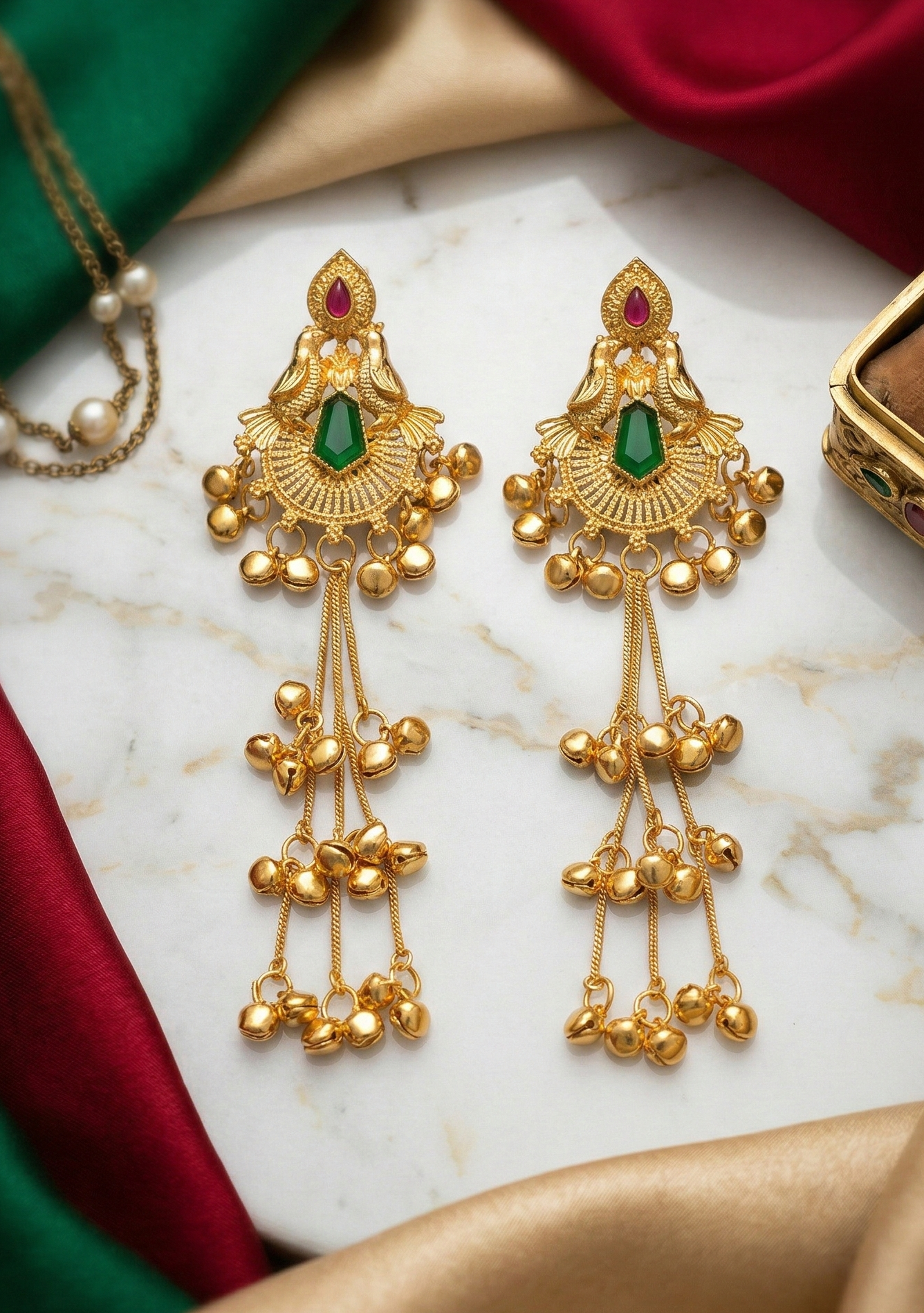 Heritage Kashmiri Earrings with Golden Bead Cascades 2 Heritage Kashmiri Earrings with Golden Bead Cascades
