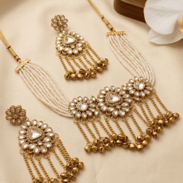 Antique Gold Kundan Choker Set with Multi-Strand Pearls & Ghungroo Drops