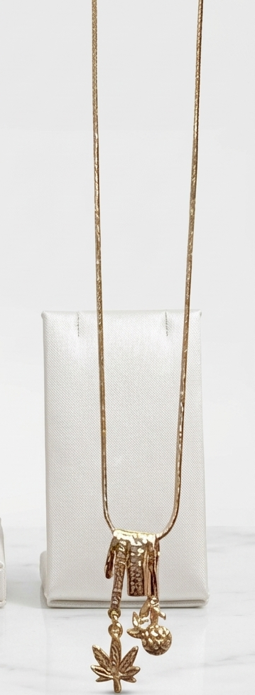 Gold Charm Pendant Necklace with Leaf & Heart Drops 1 Gold Charm Pendant Necklace with Leaf & Heart Drops