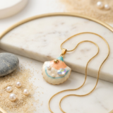 Sun-Kissed Shell: Gold & Pearl Enamel Pendant Necklace 2 1