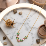 Botanical Gold Necklace with Green & Pink Gems 2 1 2