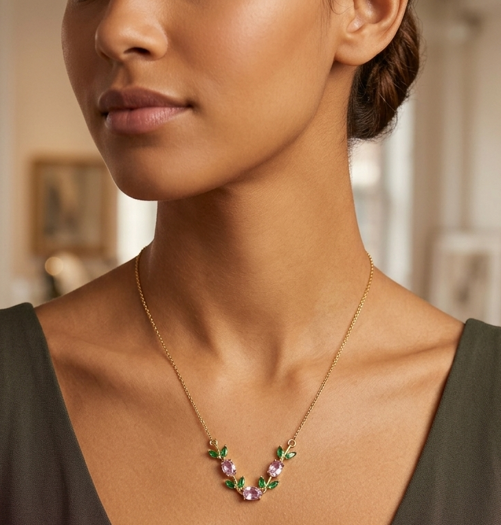 Botanical Gold Necklace with Green & Pink Gems 1 Botanical Gold Necklace with Green & Pink Gems