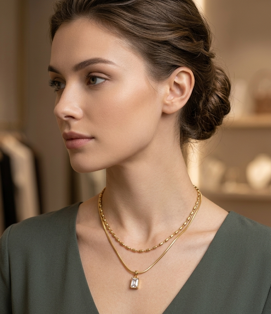 Stay-Bright Beaded & Snake Chain Layered Necklace with Baguette Pendant 1 Stay-Bright Beaded & Snake Chain Layered Necklace with Baguette Pendant