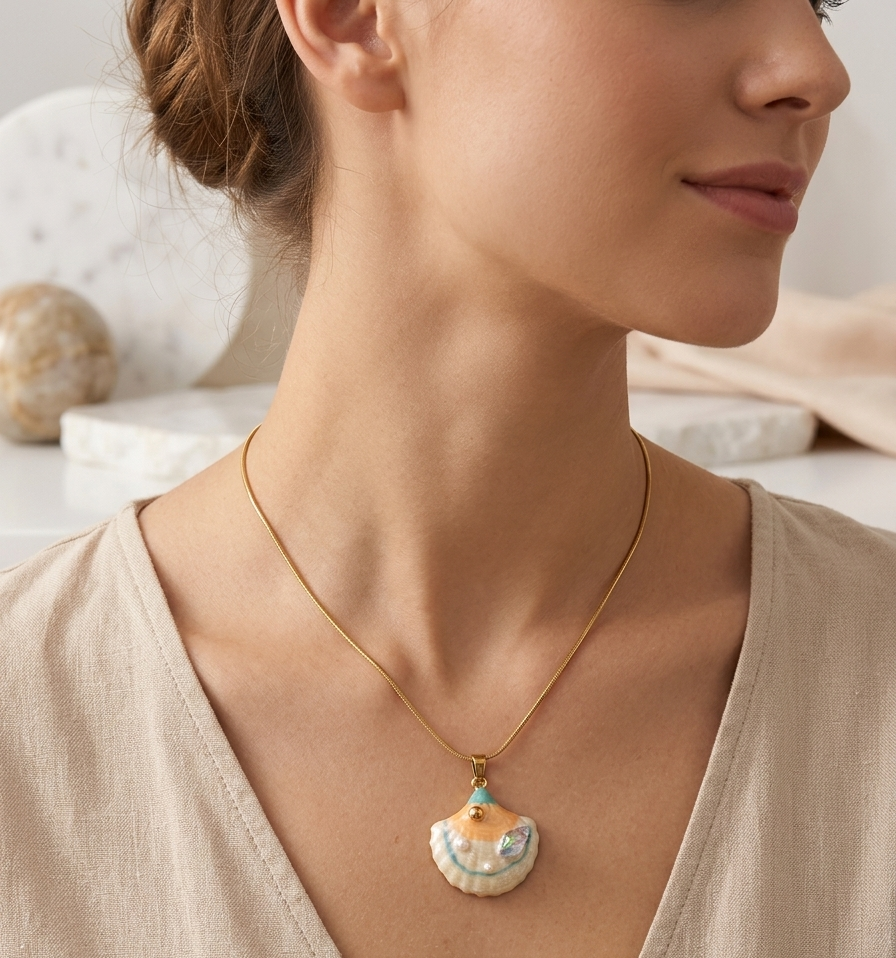 Sun-Kissed Shell: Gold & Pearl Enamel Pendant Necklace 1 Sun-Kissed Shell: Gold & Pearl Enamel Pendant Necklace