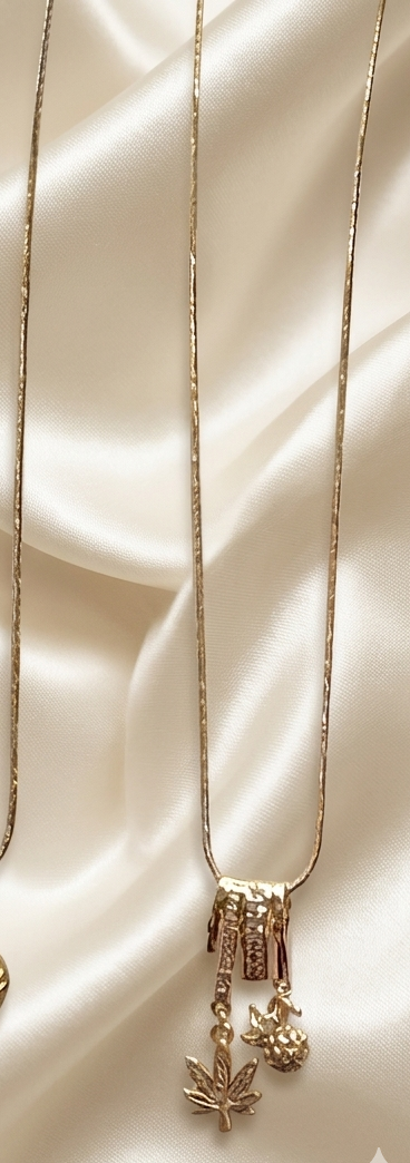 Gold Charm Pendant Necklace with Leaf & Heart Drops 2 Gold Charm Pendant Necklace with Leaf & Heart Drops