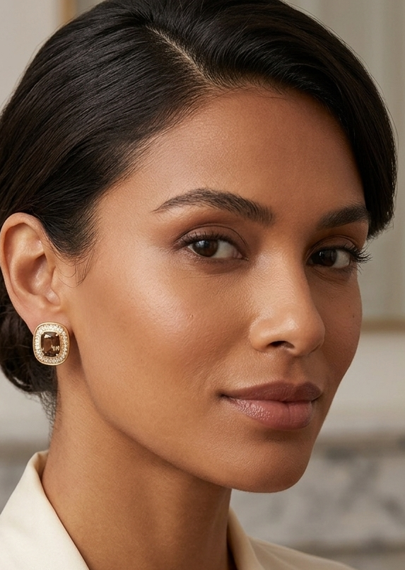 Smoky Quartz & Diamond-Halo Cushion Studs 1 Smoky Quartz & Diamond-Halo Cushion Studs