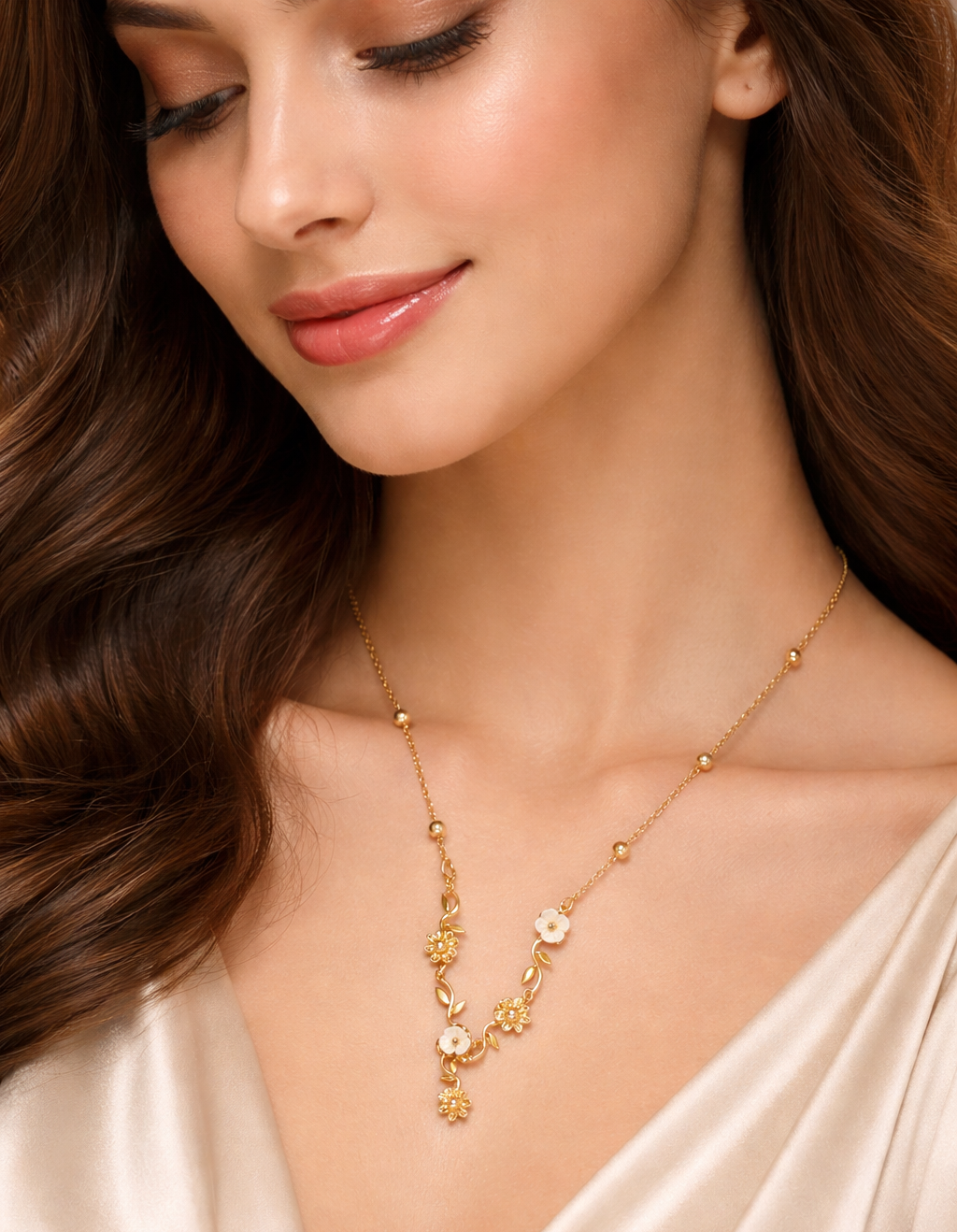 Delicate Floral Anti-Tarnish Gold Necklace with Enamel Detailing 1 Delicate Floral Anti-Tarnish Gold Necklace with Enamel Detailing