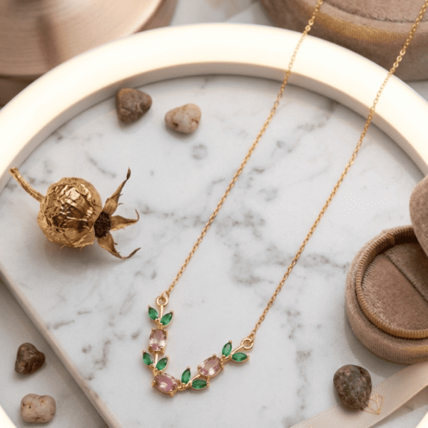 Tulip Pink & Green Stone Gold Plated Necklace for Women Elegant Minimal Jewellery